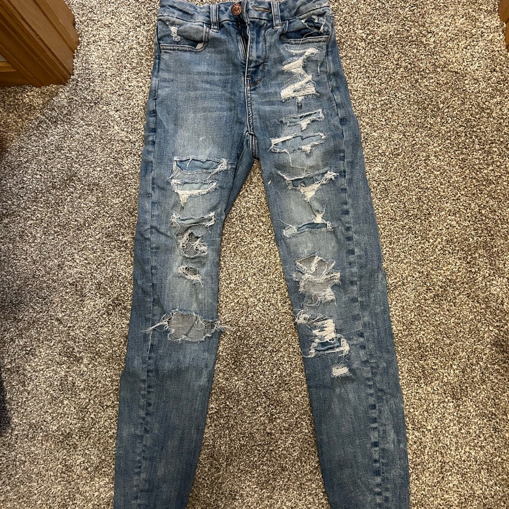 American Eagle Outfitters Blue Skinny Jeans with Distressed Details